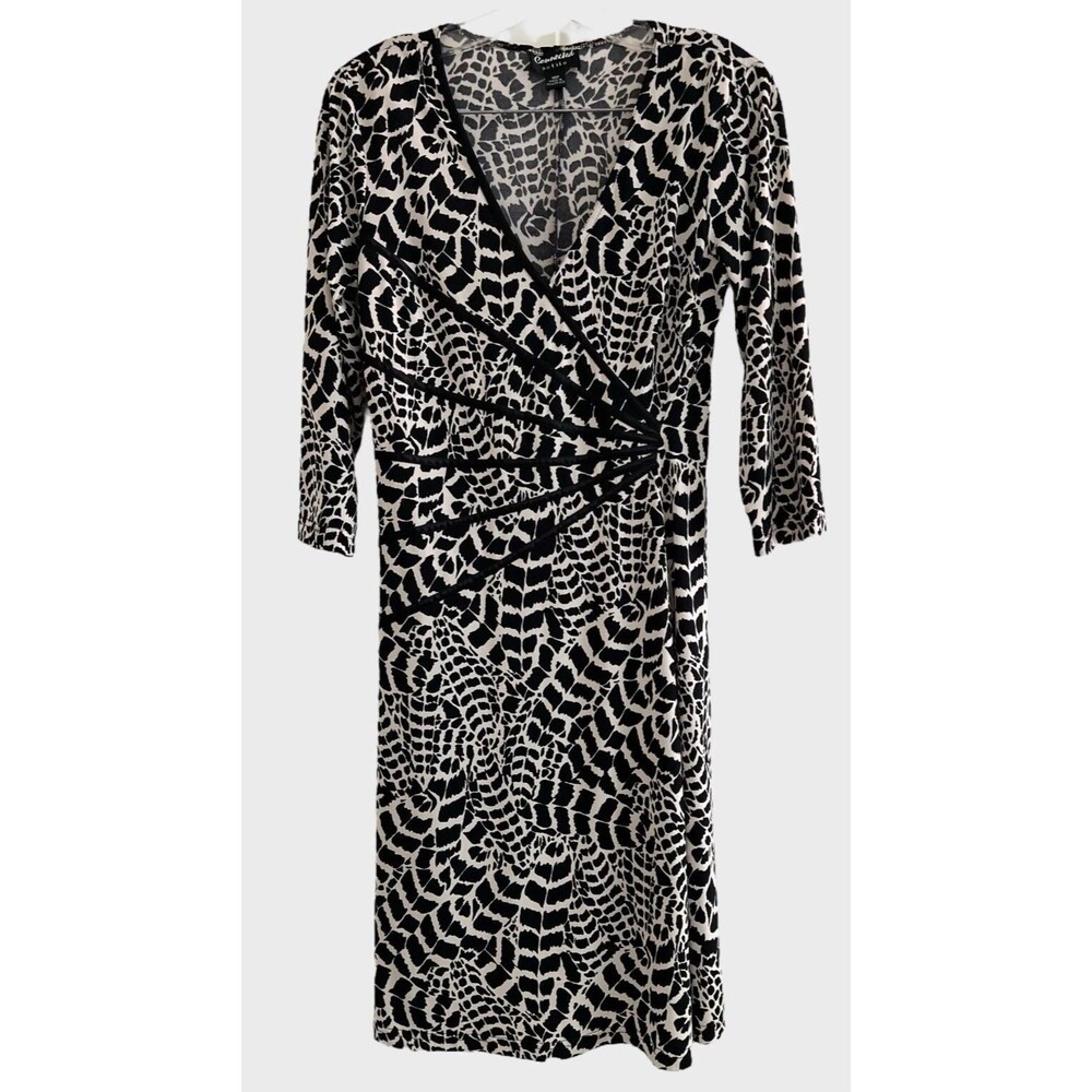 Connected Dress Petite 10P Black White Faux Wrap Sheath Long Sleeve Career